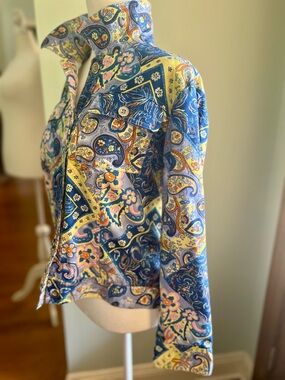 Boho Paisley Patchwork Cropped Jacket Shacket Retro Floral L Coastal Grandma